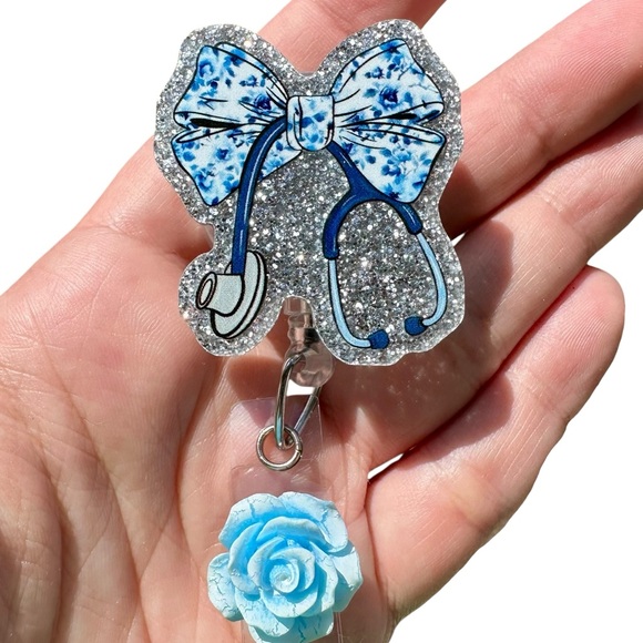 Nurse Badge Reel Blue Bow Stethoscope RN Retractable ID Card Holder Gift Cute - Picture 1 of 3